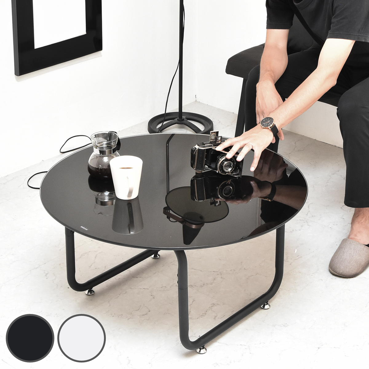 リビングテーブル 円型 直径75cm ガラス天板 ROND （ 丸 ラウンド ロー