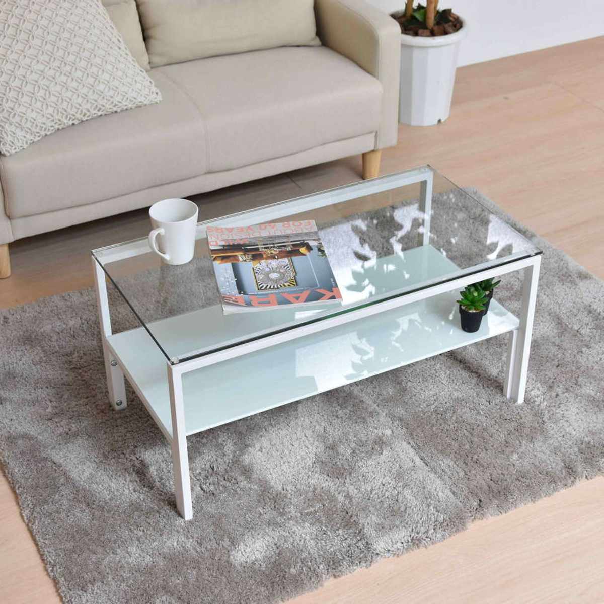 センターテーブル 幅75cm ガラス天板 収納棚付 Arca （ ローテーブル