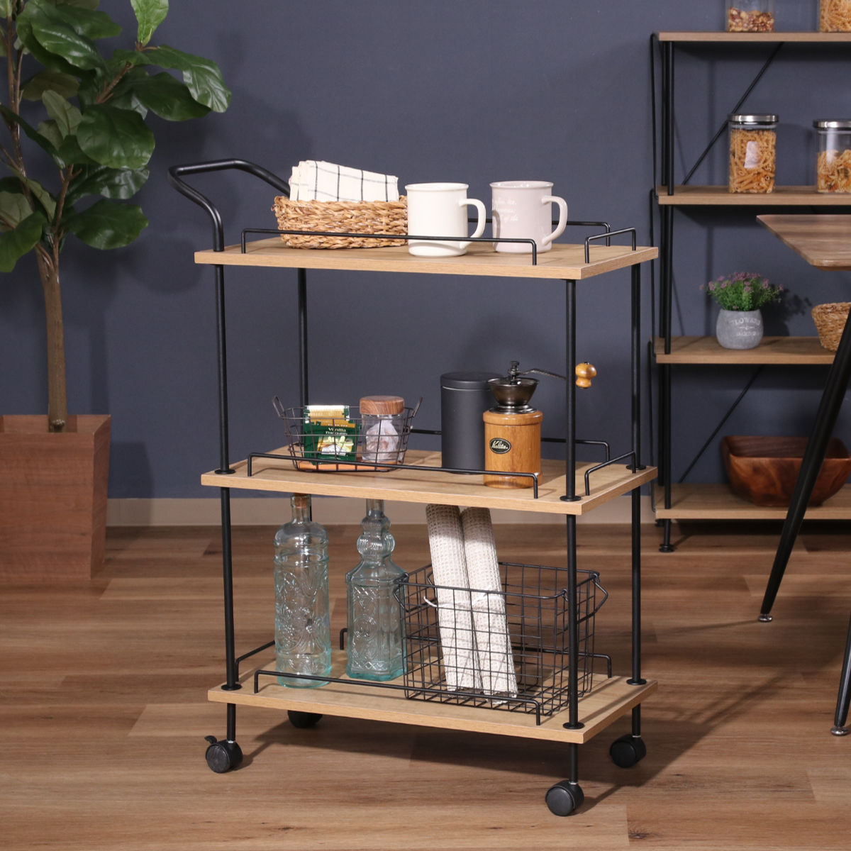 HR603 希少デザイン カリモク家具 キッチンワゴン サイドワゴン ラタン