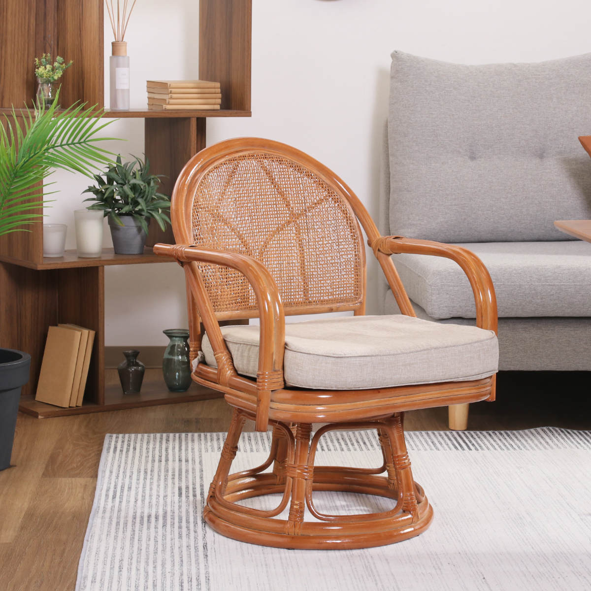 ラタン 回転チェア 座面高33cm クッション付 ミドルタイプ （ 座椅子