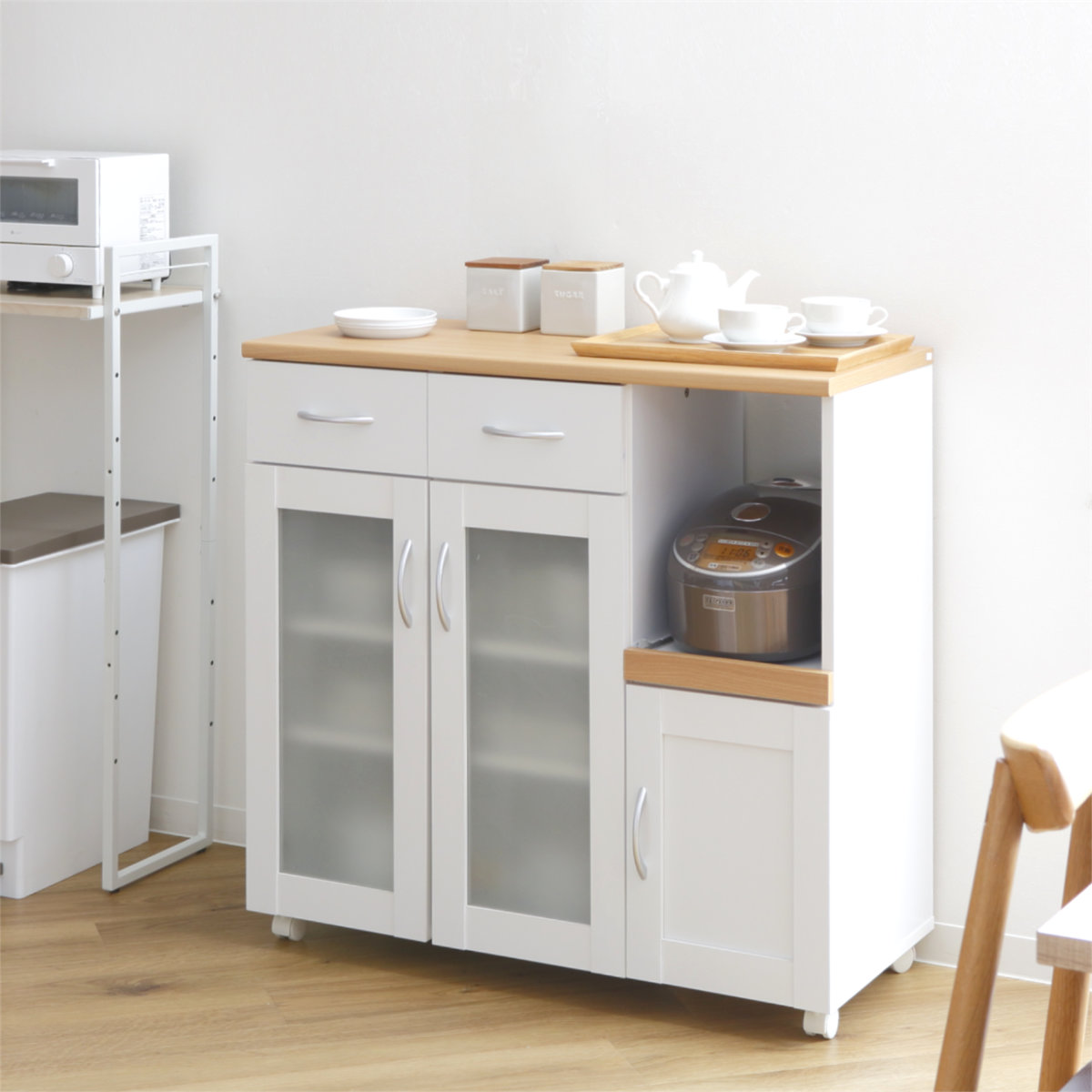 キッチンカウンター 幅90cm フレンチカントリー調 スライド棚 2口