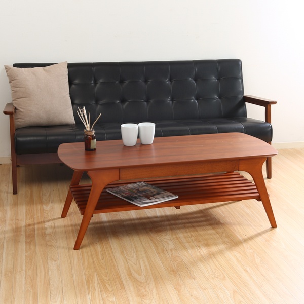 木製ローテーブル 下部棚付き