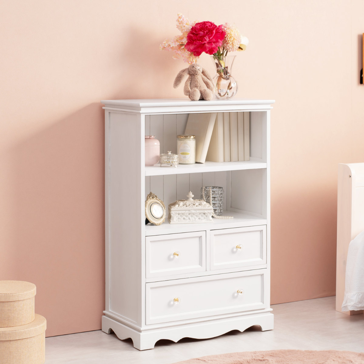 キャビネット 引出し付 木製 カントリー調 シャビーウッド 幅60cm