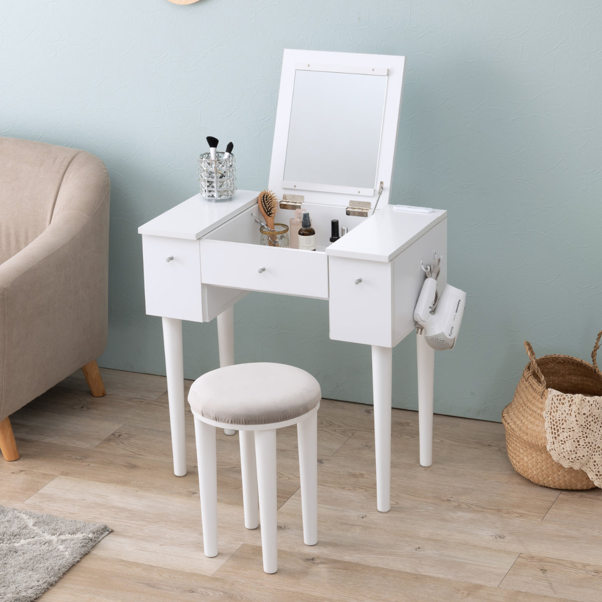 ドレッサー 幅69cm スツール 角度調節 コンセント （ ドレッサーデスク