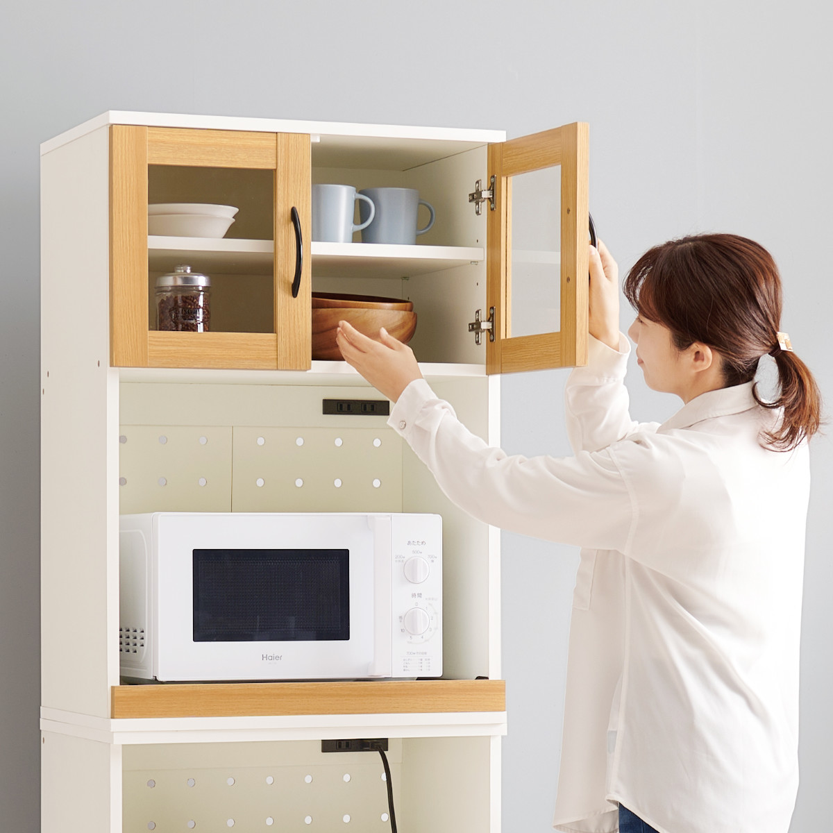 並べて使える 食器棚 幅60cm 2口コンセント×2 スライド棚 Cタイプ