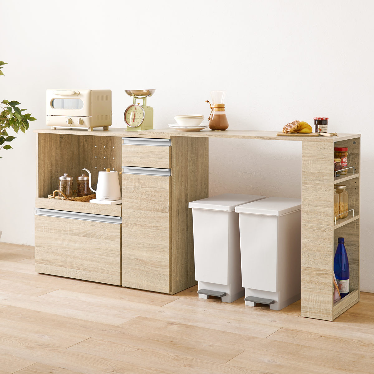 伸縮式 キッチンカウンター 幅104-178cm 収納庫タイプ キャビネット