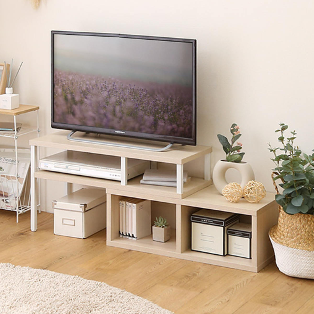 テレビ台 幅75～135cm 木目調 伸縮 収納棚 オープンデッキ コーナー