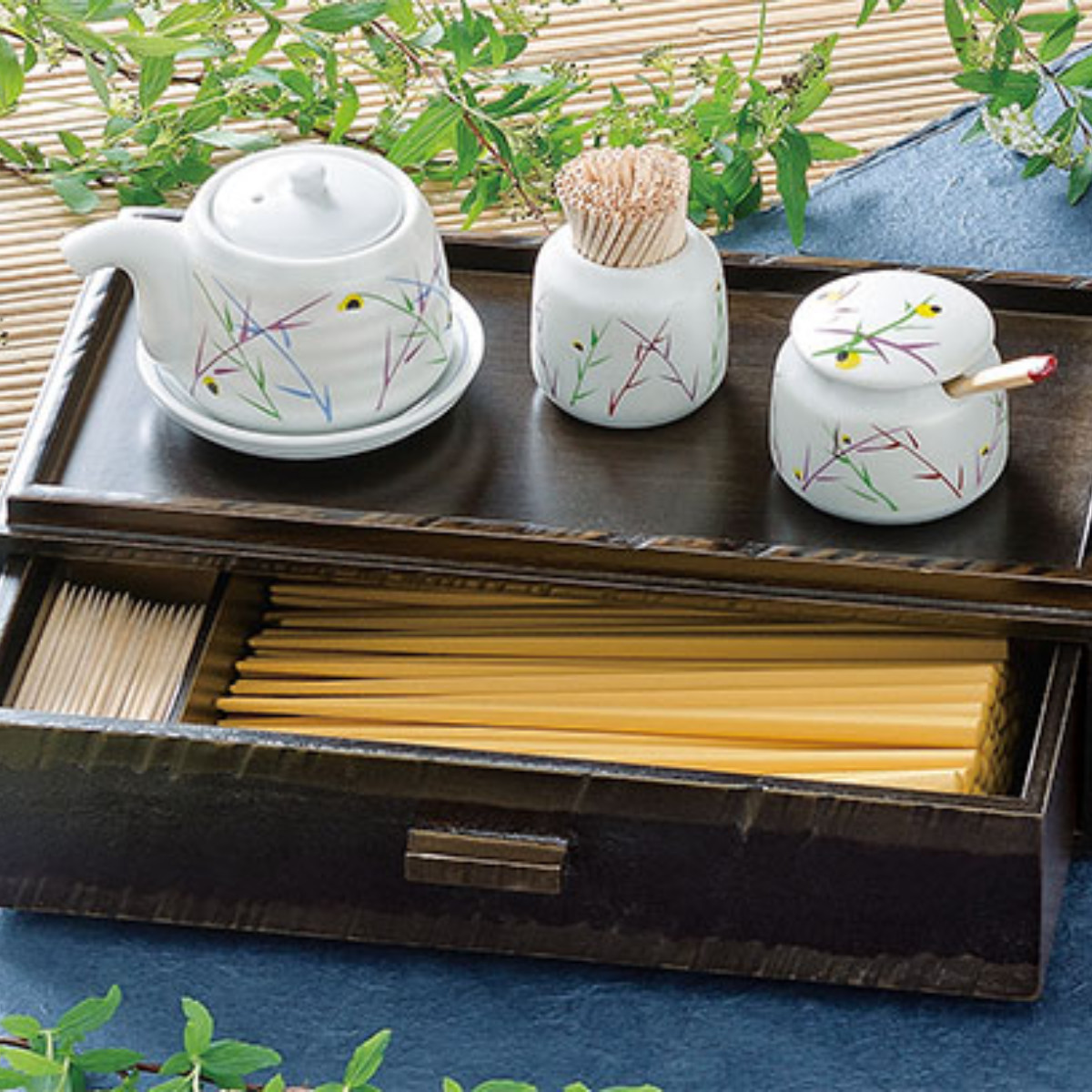 箸箱 木製 荒彫 カスター 引き出しタイプ 栃塗 楊枝入れ付き 業務用