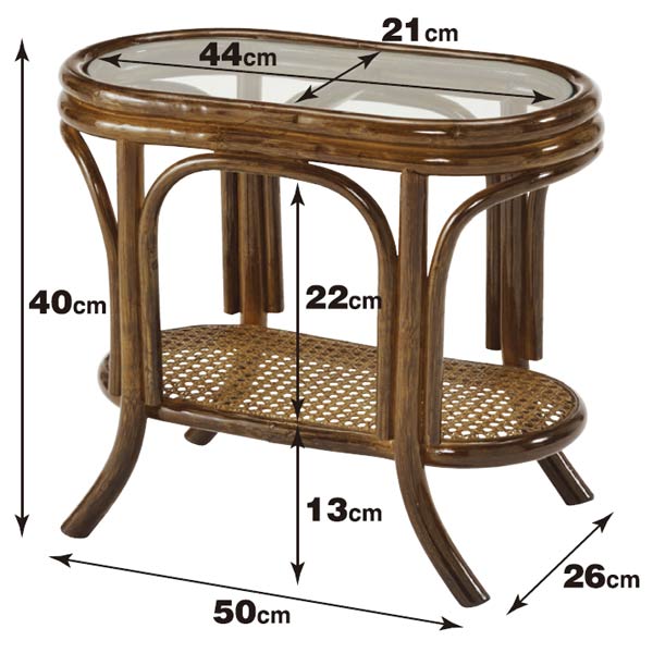 ラタンテーブル 楕円形 籐 サイドテーブル ガラス天板 幅50cm