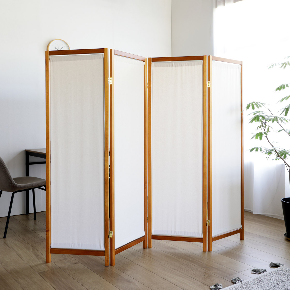 衝立 4連 高さ150cm 帆布 和風 天然木 完成品 （ パーテーション