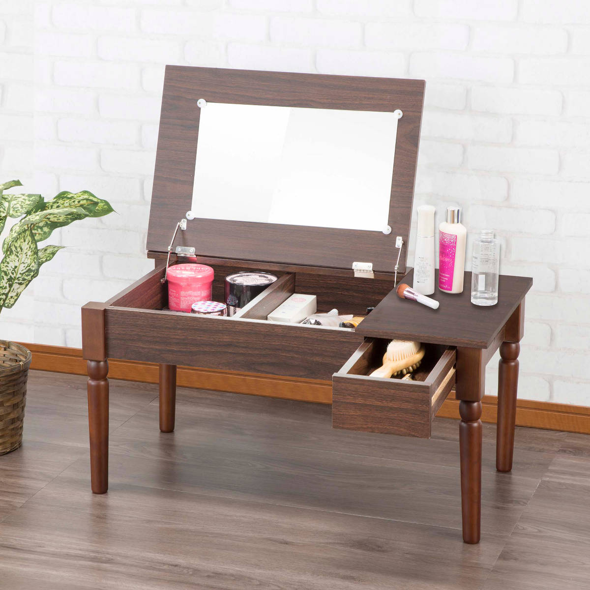 ローテーブル 幅80cm ドレッサー付き 収納 （ 鏡付き 化粧台 鏡台