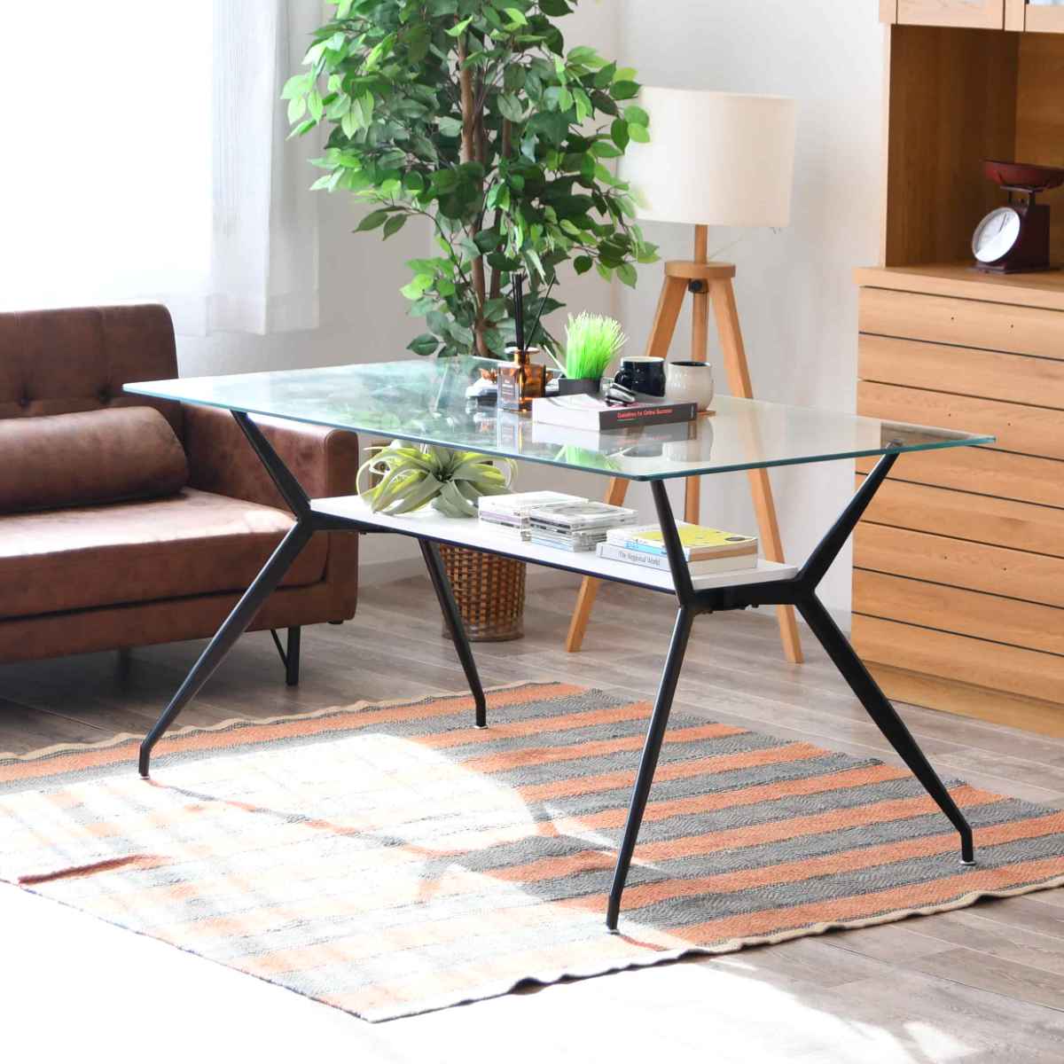 ダイニングテーブル 4人掛け ガラス 収納スペース付き 幅140cm