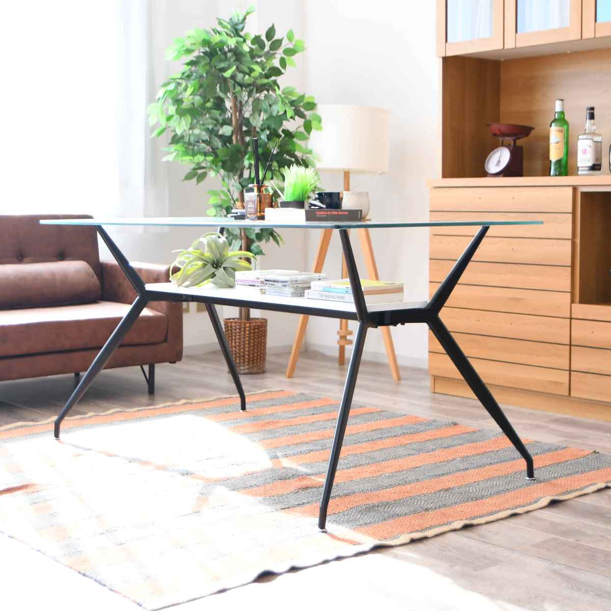 ダイニングテーブル 4人掛け ガラス 収納スペース付き 幅140cm