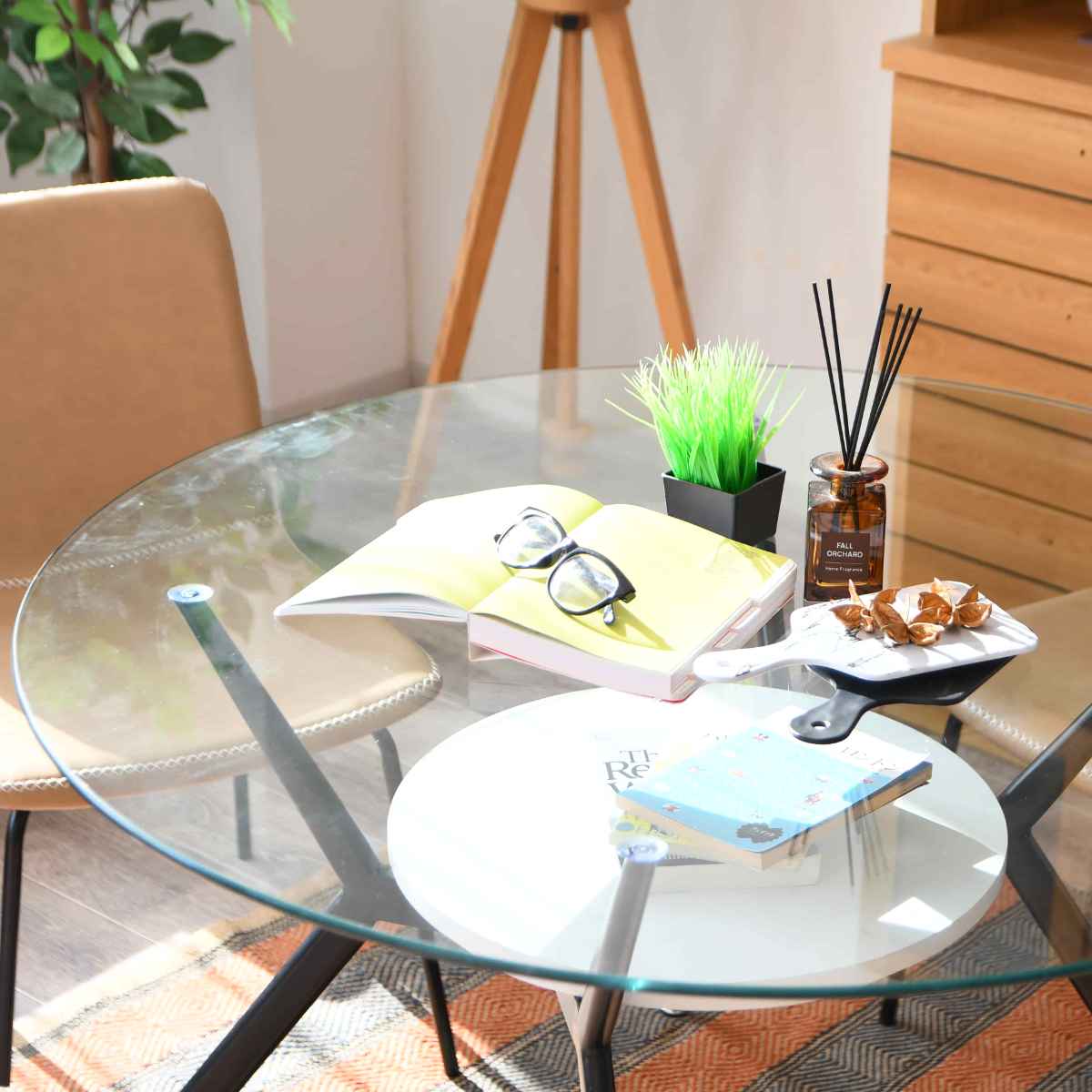 ダイニングテーブル 丸テーブル 4人掛け ガラス 収納スペース付き 幅