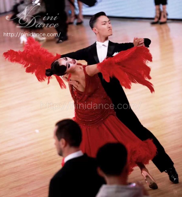 DA101インパクト羽根フロートの赤いモダンドレス : 社交ダンスウェア