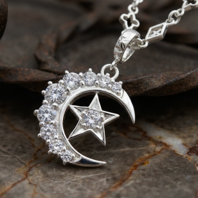 MEDIUM CRESCENT MOON / STAR PENDANT Silver / Zirconia PENDANT