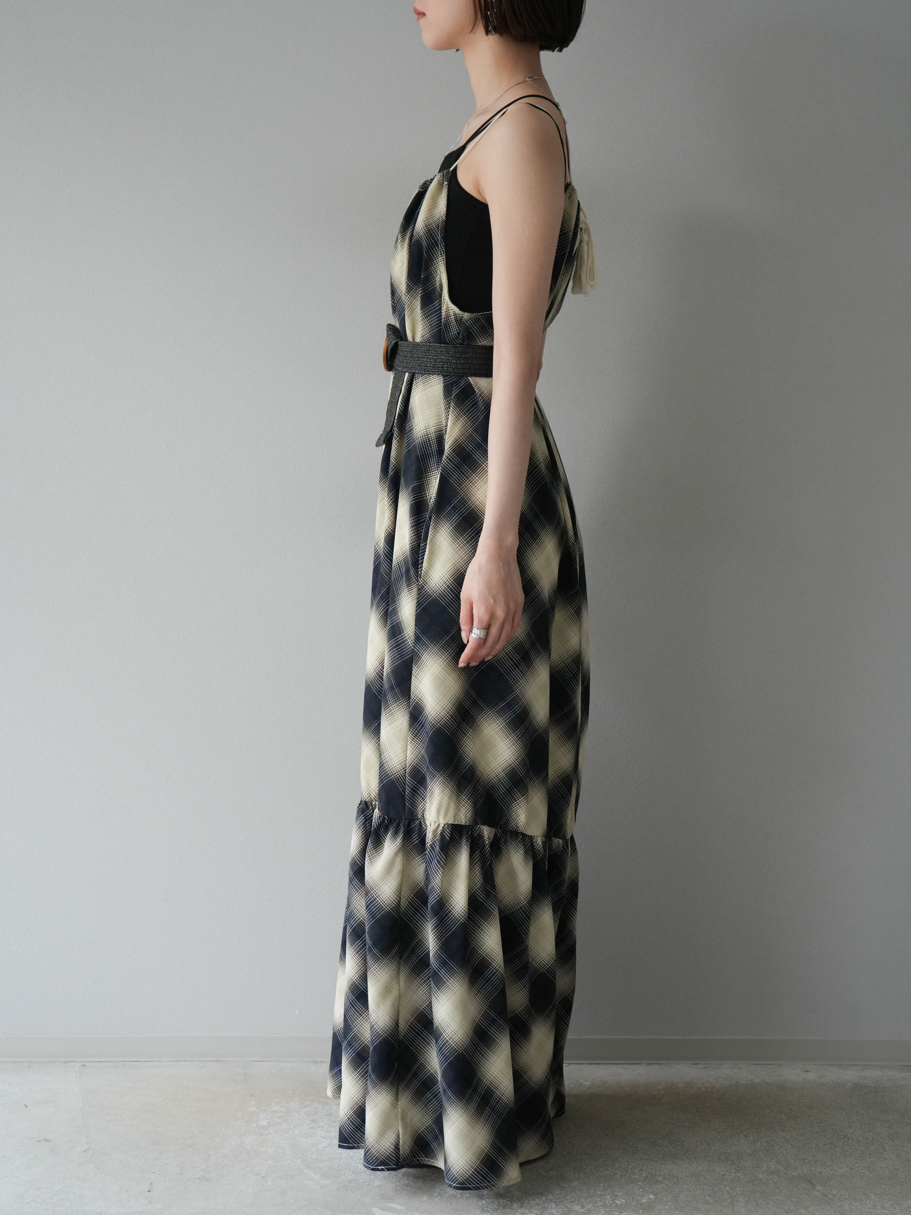 予約]ベルト付チェックノースリーブワンピース/ブルー – Lumier