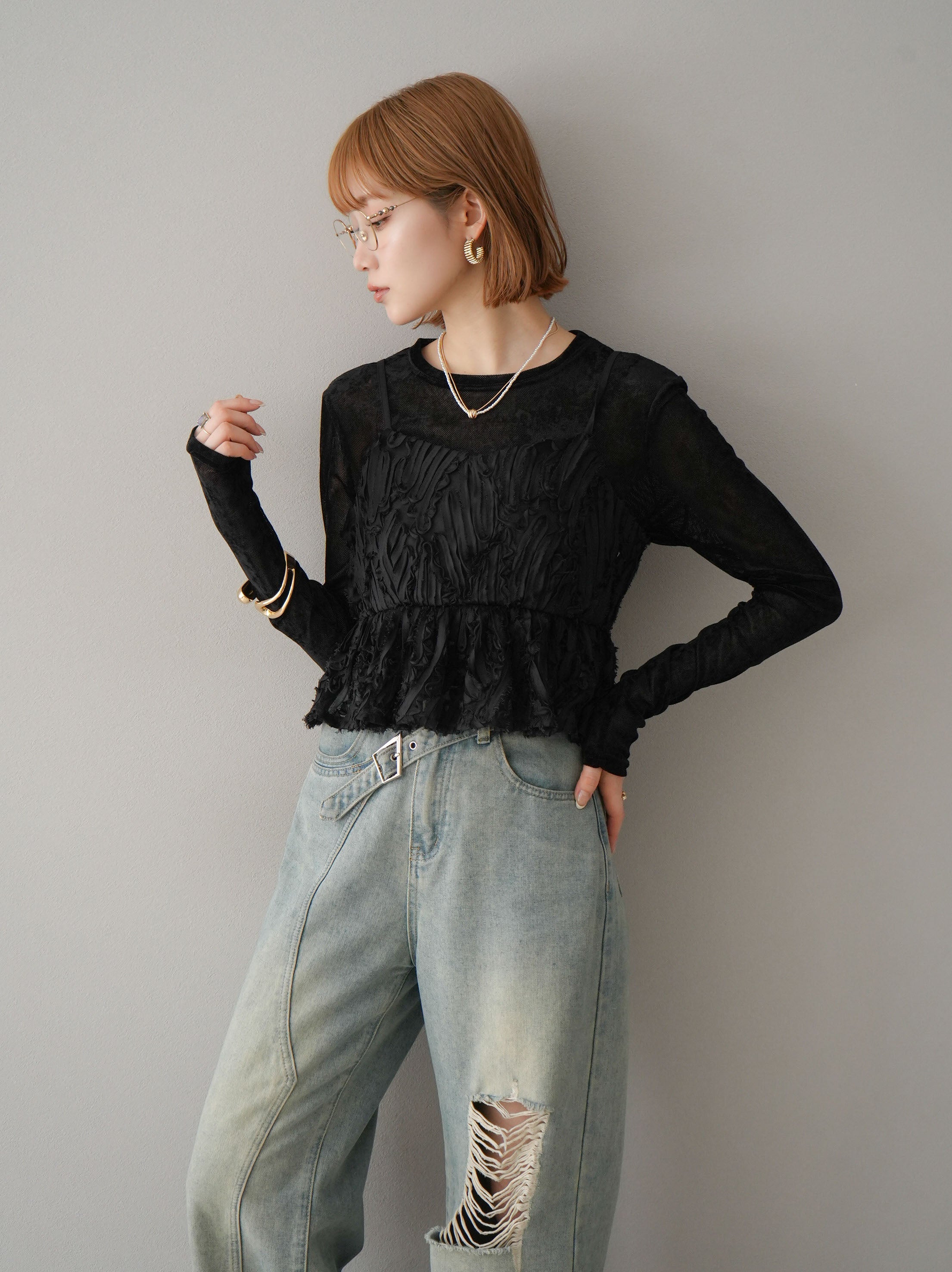 予約]ジャガードラインレースキャミソール/ブラック – Lumier