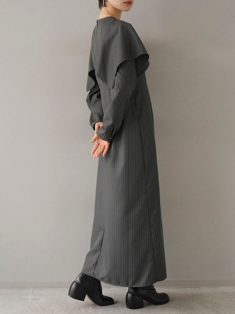 予約]ピンストライプケープデザインワンピース/チャコール – Lumier