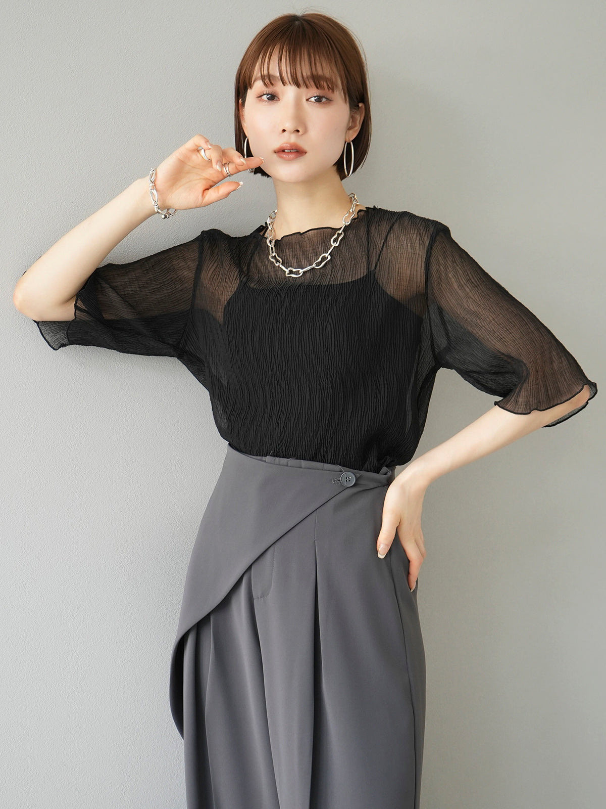 予約]楊柳シアーメローハーフスリーブトップス/ブラック – Lumier