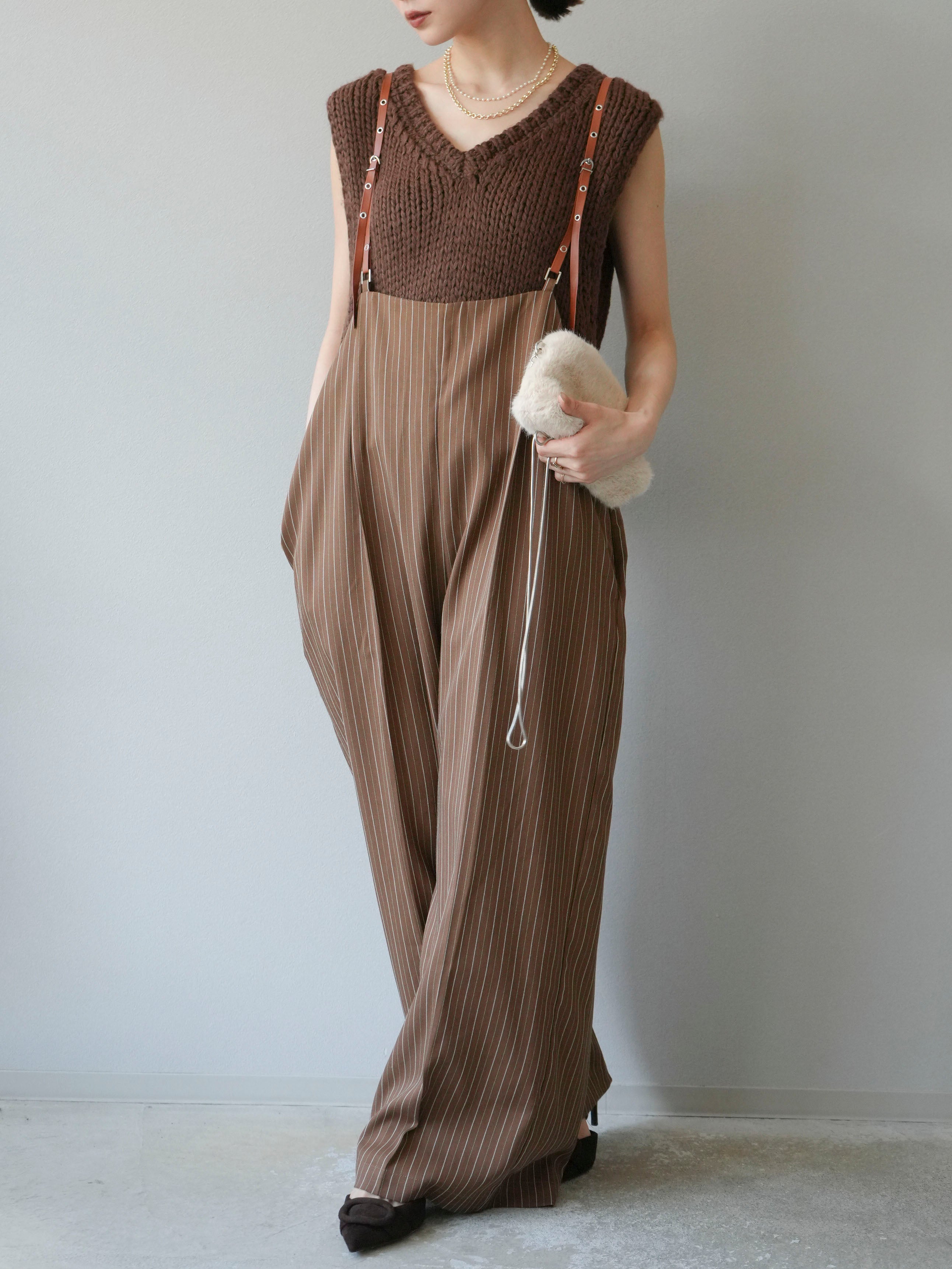 予約]ヘリンボーンストライプサロペット/ブラウン – Lumier