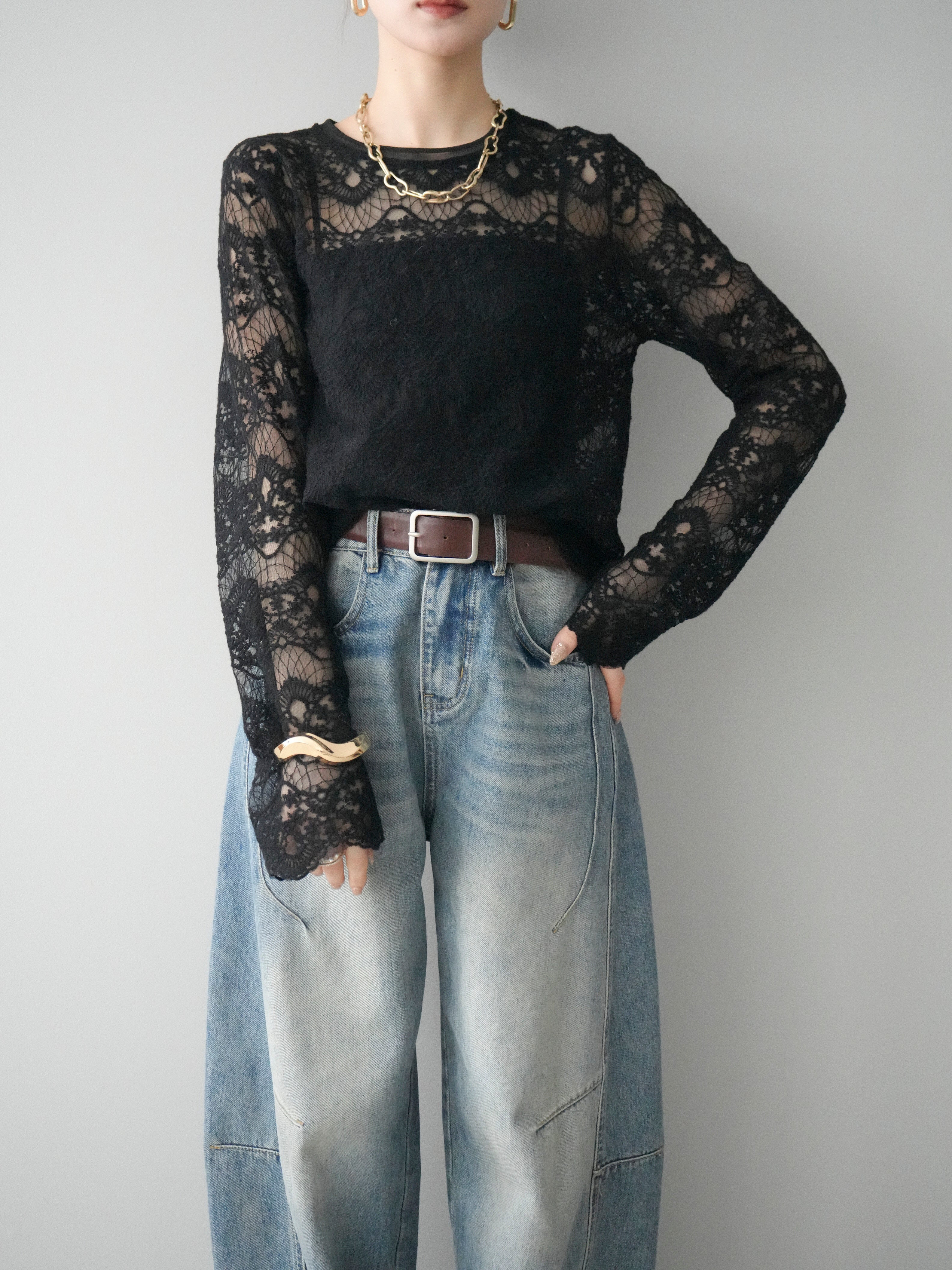 SET]チュールレーストップス+ベルト付カーブデニムパンツ(2set) – Lumier