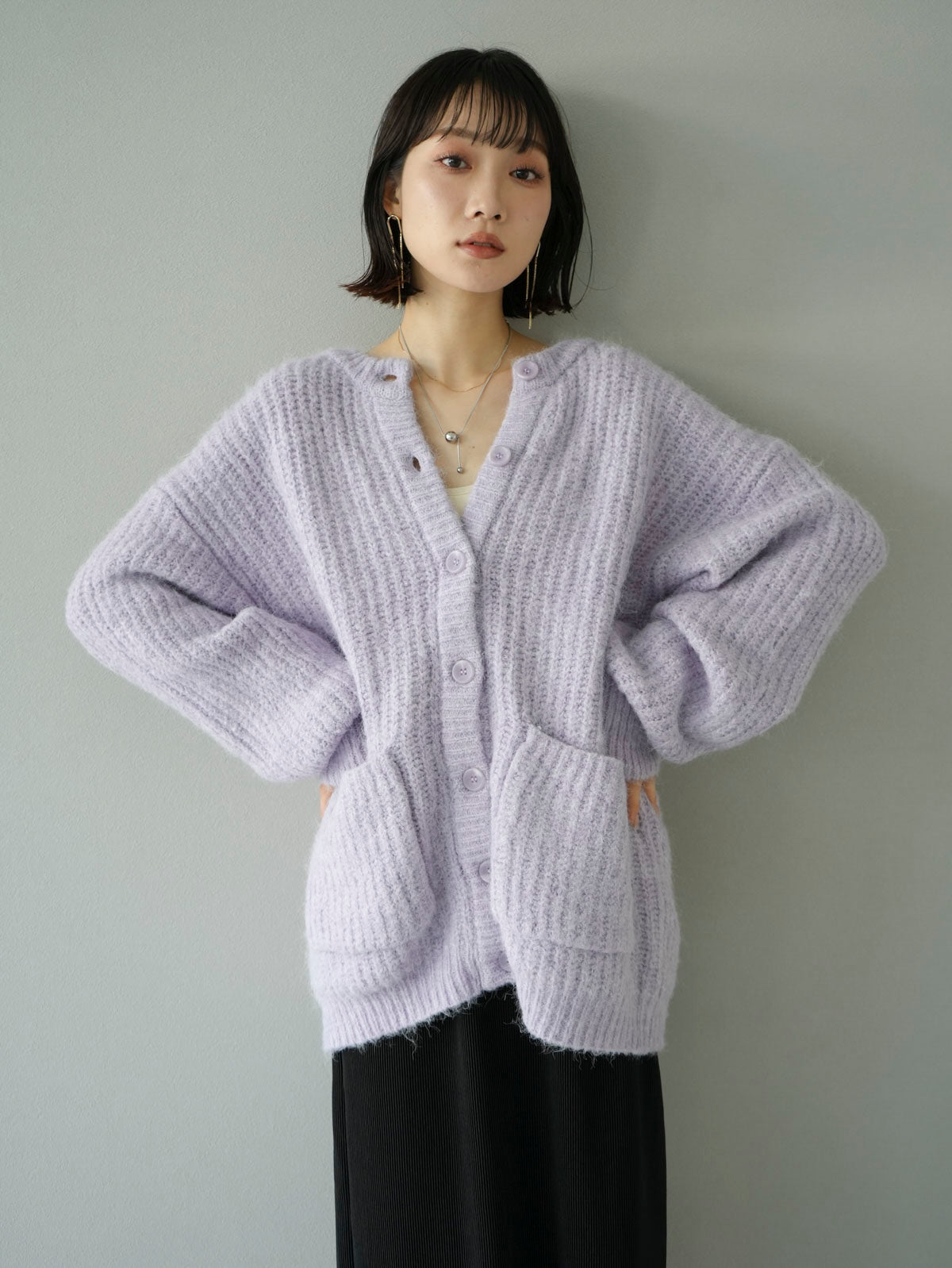 予約]ビッグポケットオーバーニットカーディガン/パープル – Lumier