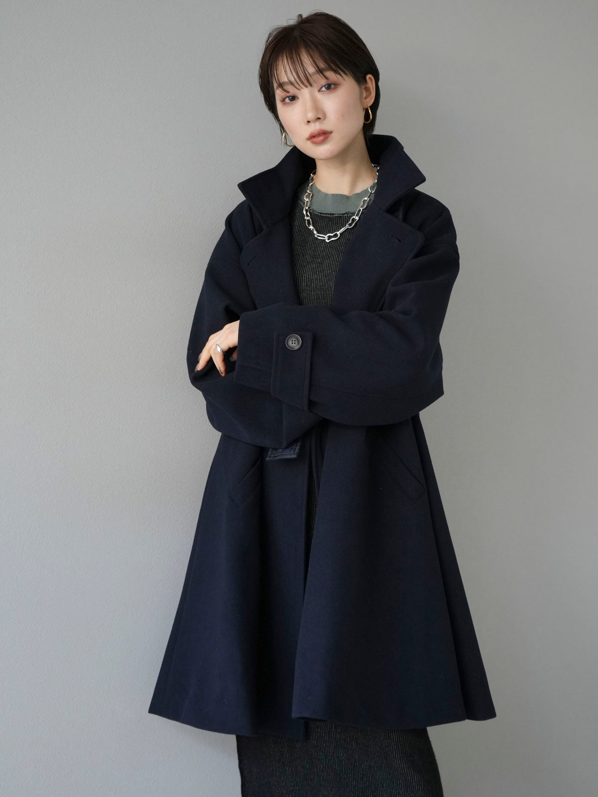 予約]ウールタッチフレアミドルコート/ネイビー – Lumier