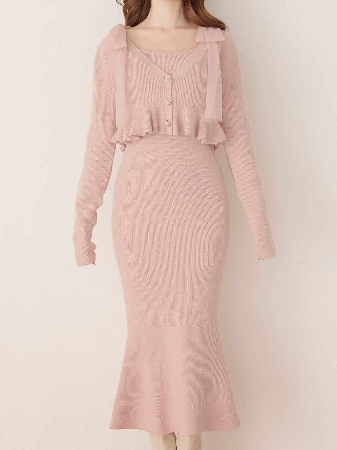 Ribbon peplum ensemble knit onepiece(eme10793) – M me eme