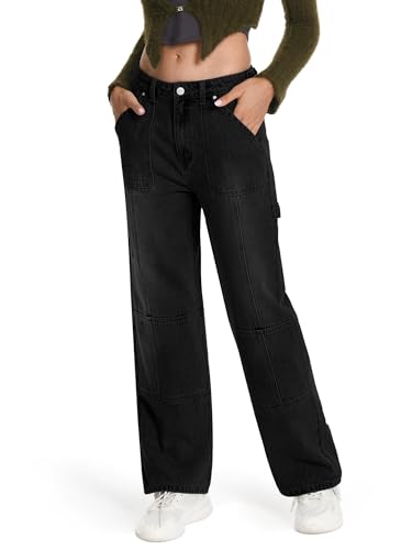 ONESO Black Straight Leg Cargo Jeans for Women Mid Rise Y2K