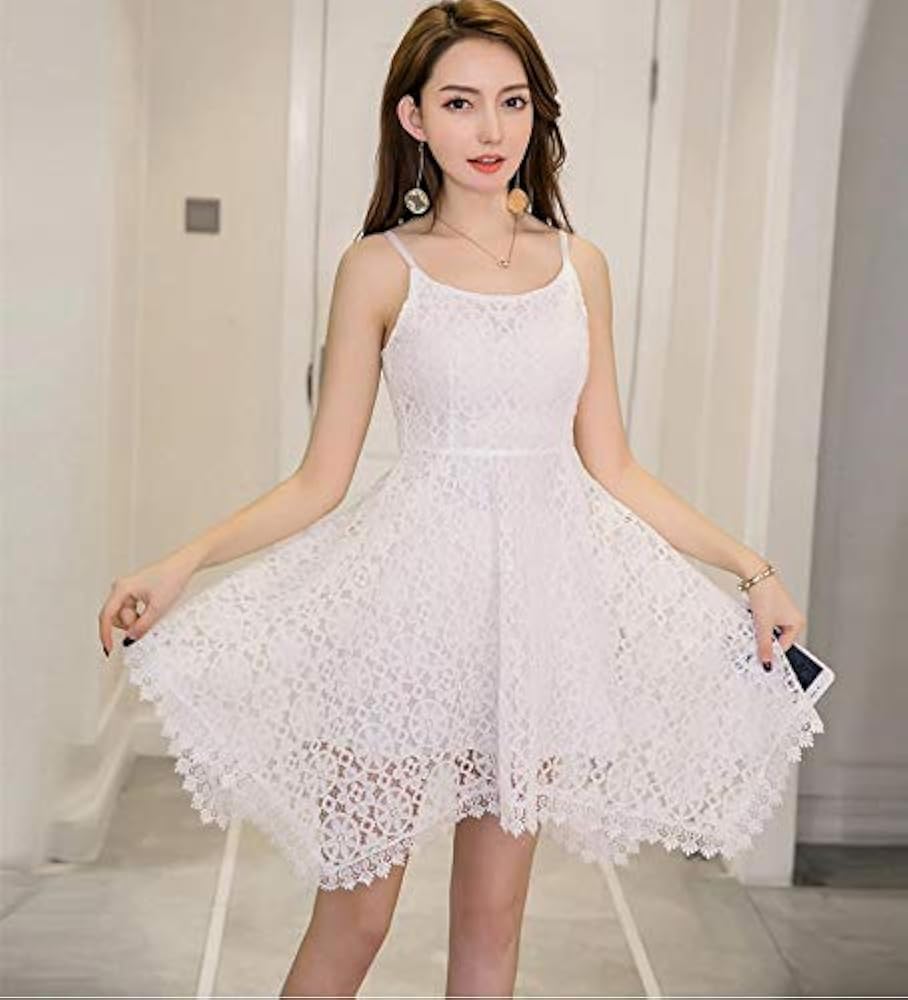 Amazon.co.jp: ワンピース ノースリーブ ミニ M 白 総レース フレア