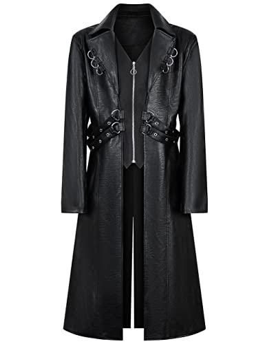 ZNZHKR Men's 70s PU Leather Trench Coat Long German Style Punk