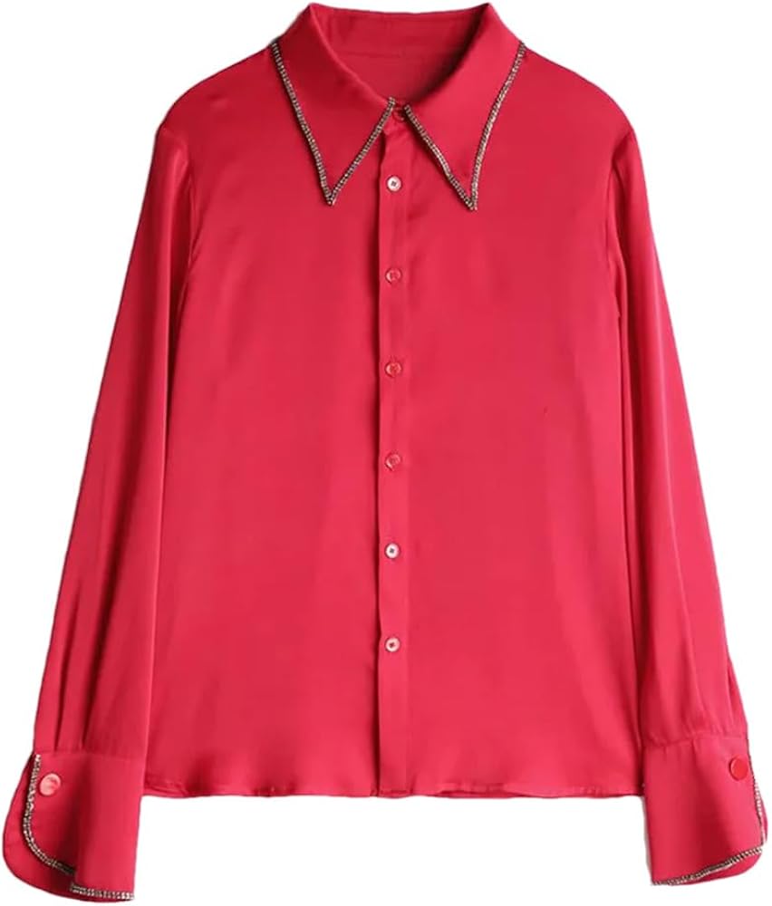 Amazon | 女性 92% シルク 8% スパンデックス赤シャツ長袖ターンダウン