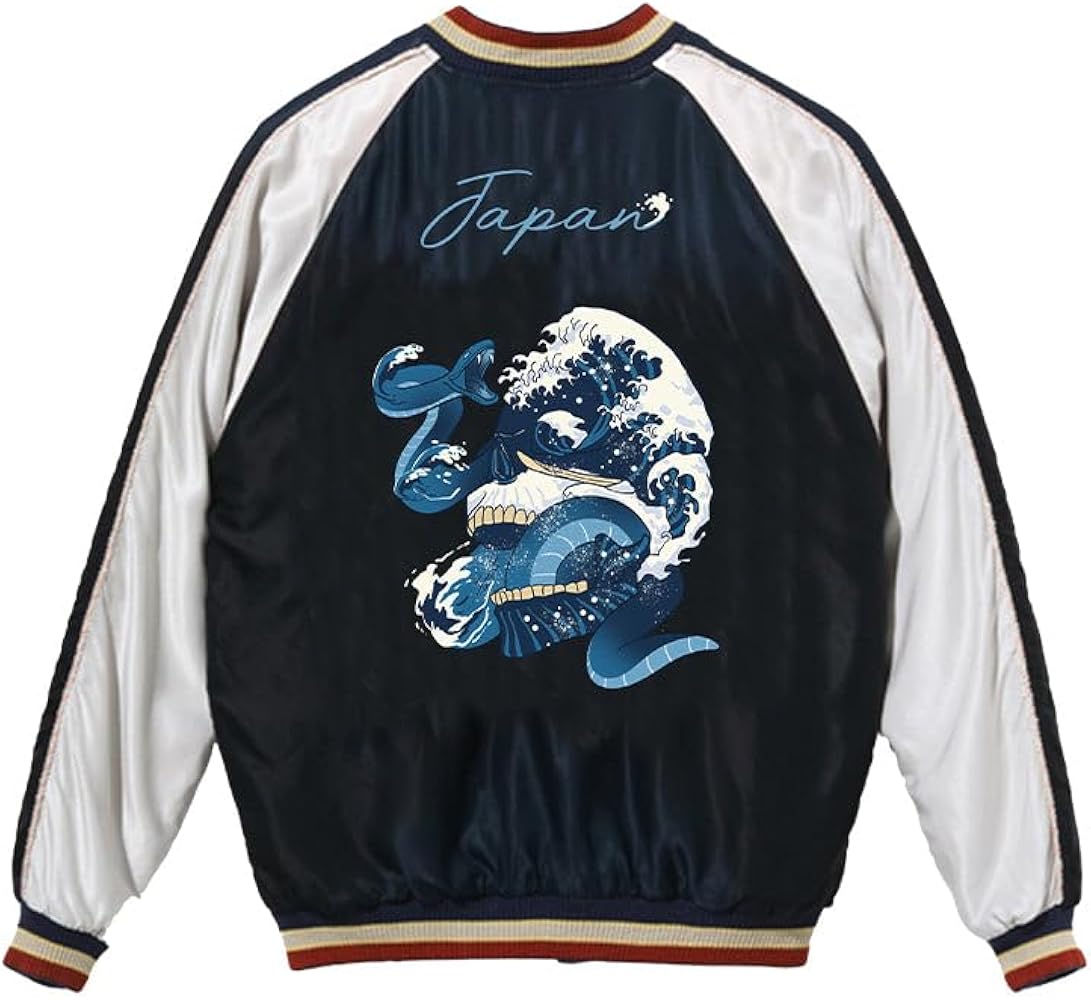 Amazon | [karaku] 横須賀「ドクロ、蛇と波」浮世絵刺繡入りスカジャン