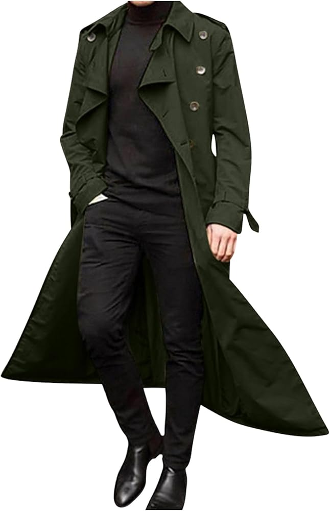 Ctreela Mens Long Trench Coat Business Casual Double Breasted