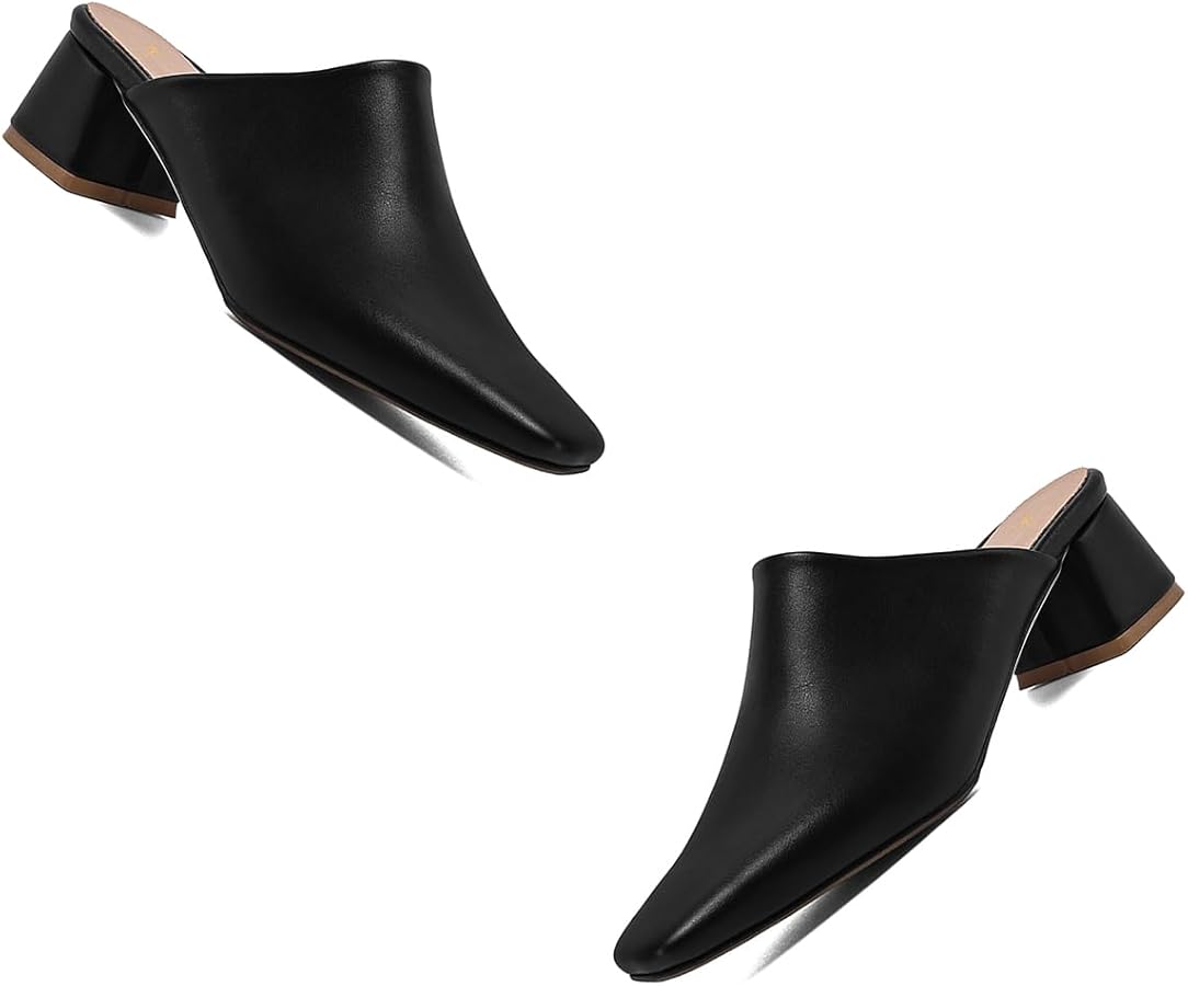 MOOMMO Women Chunky Heel Mules Closed Toe Square Toe Slip On