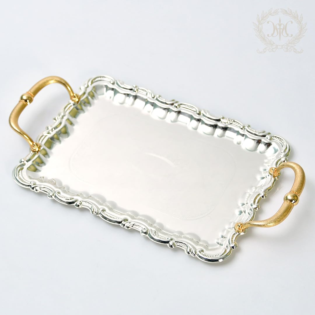 Amazon｜ゴールドハンドルシルバートレイ お盆 取っ手付き 四角形