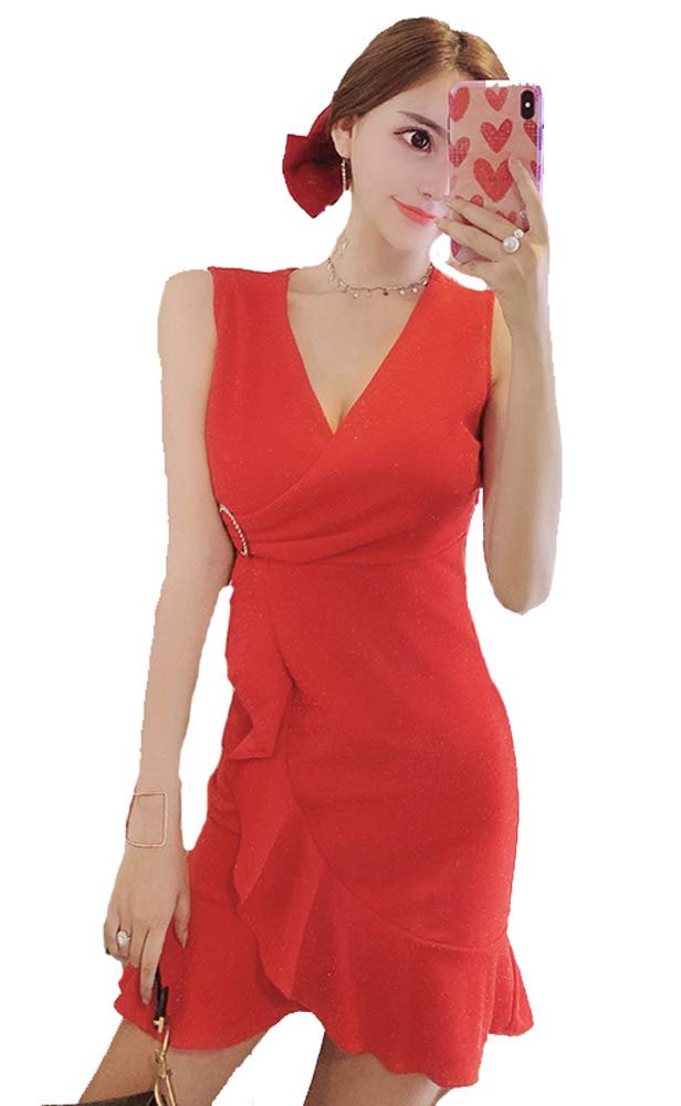 Amazon.co.jp: ワンピース ノースリーブ ミニ M 赤 カシュクール V