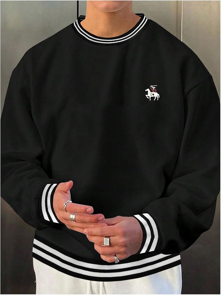 Verdusa Men's Striped Crew Neck Sweatshirt Contrast Binding Long