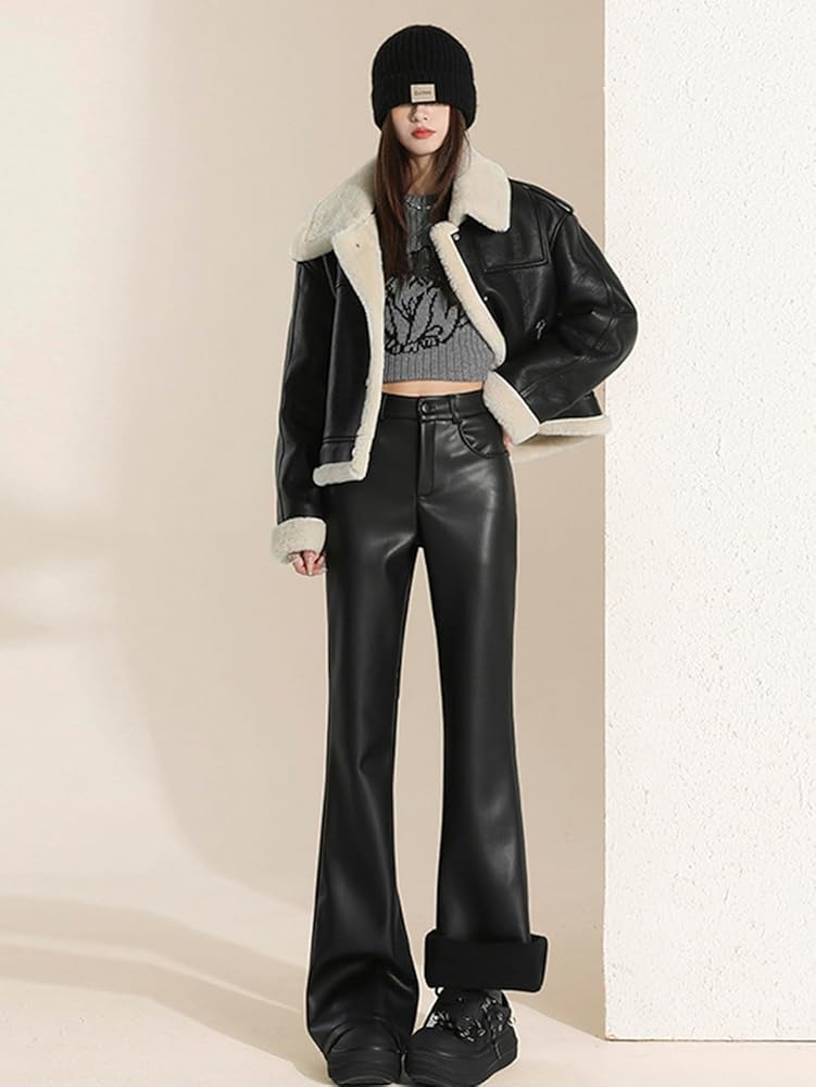 Amazon | [MeipingQu] XS 革パンツ レディース 秋冬 ブラック レザー