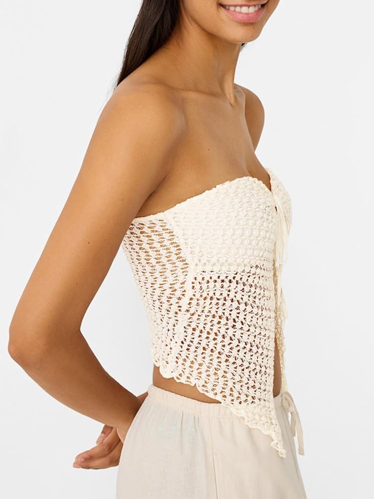 Women Crochet Tops Split Front Crop Tube Top Ruched Strappy