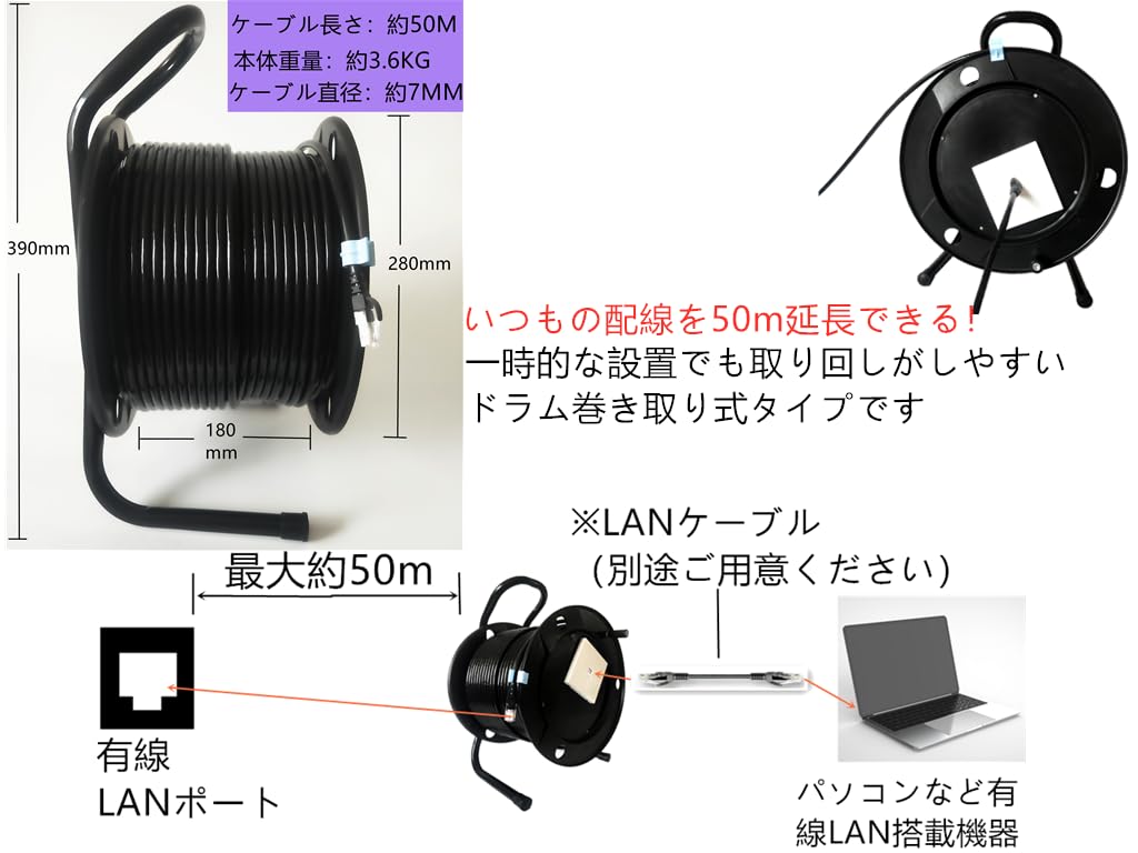 Amazon.co.jp: 50M 延長 LANケーブル Cat6A ドラム式 屋外 耐候性 2重
