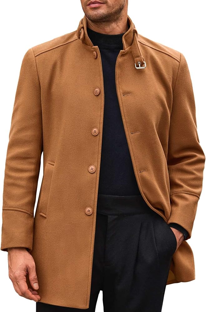 Runcati Mens Trench Coat Stand Collar Casual Slim Fit Single