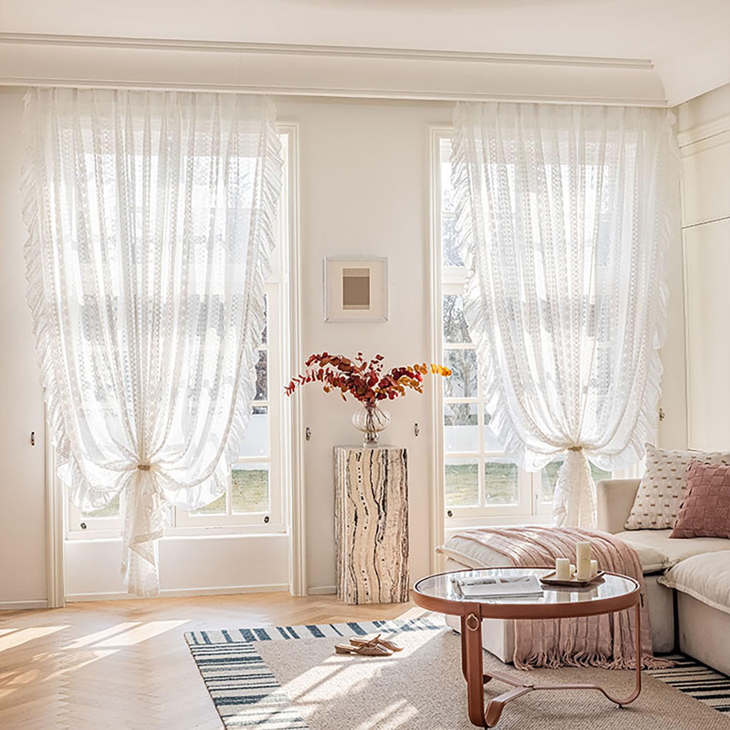 Amazon｜オフホワイトレースシアーカーテン リビングルーム用フリル