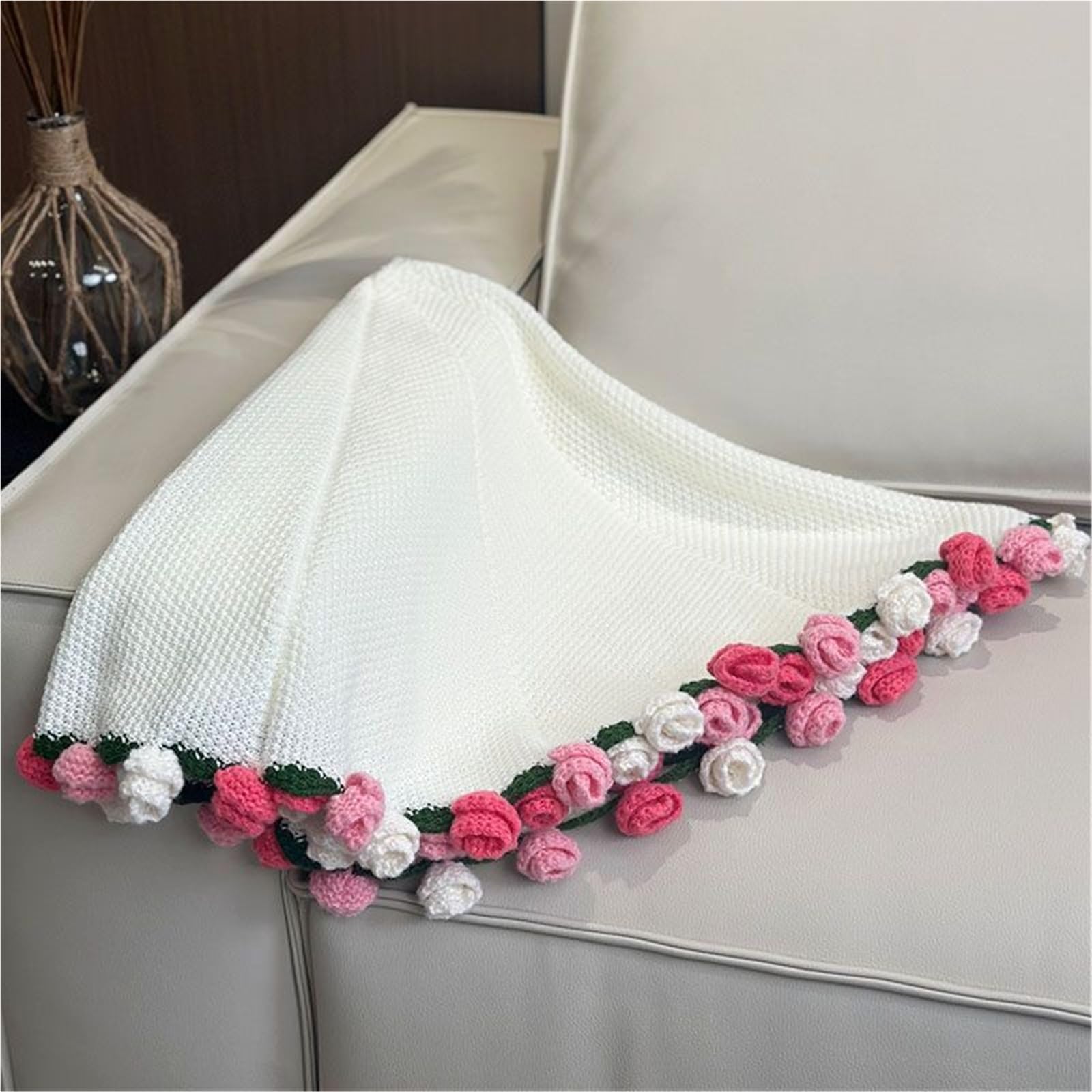 Amazon｜ピンクの花束ブランケット、手作りかぎ針編みの花ブランケット