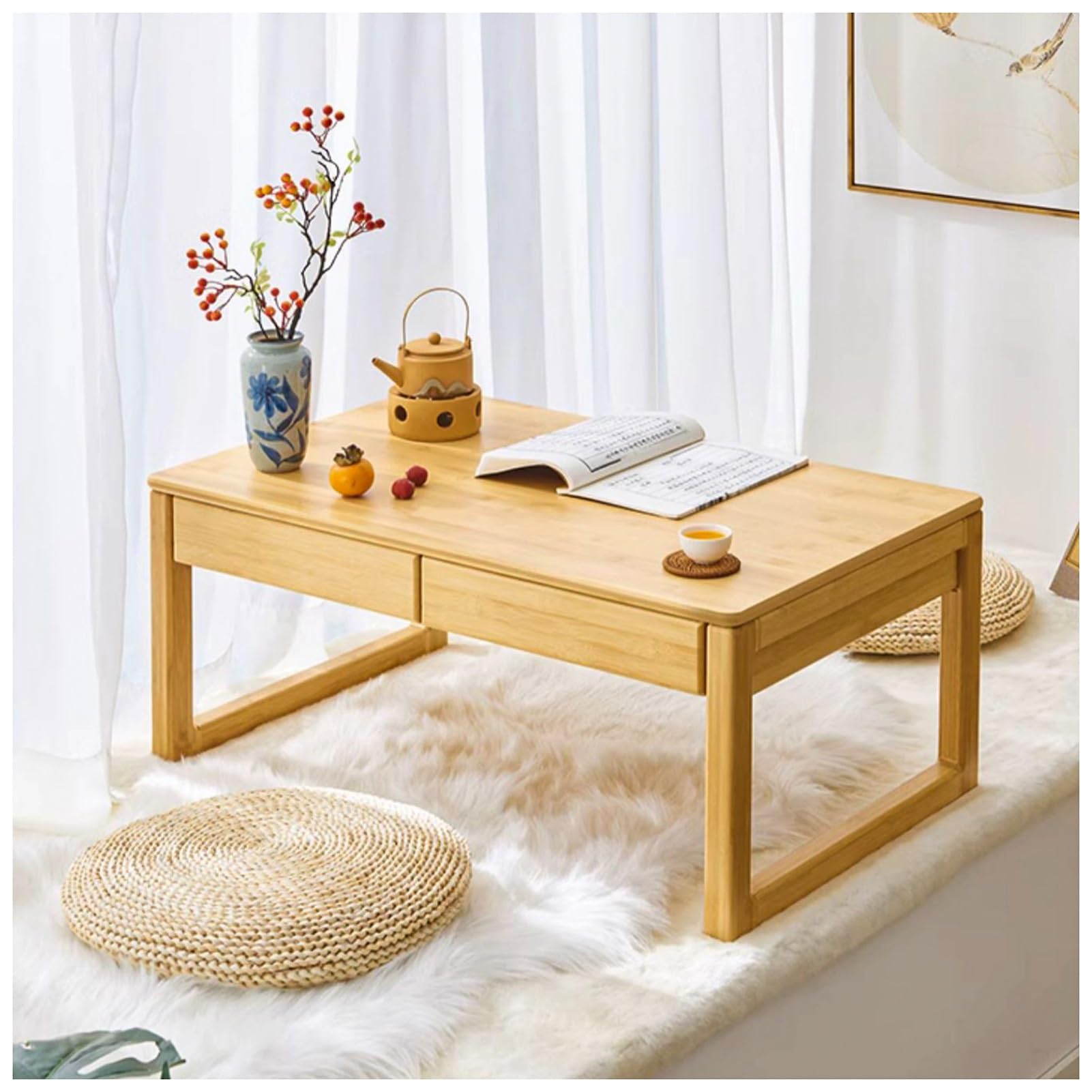 Japanese Floor Table,Vintage Low Table with Drawers for Sitting On