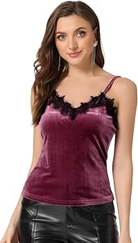 Allegra K Women's Velvet Camisole Lace Velour Party Club Spaghetti