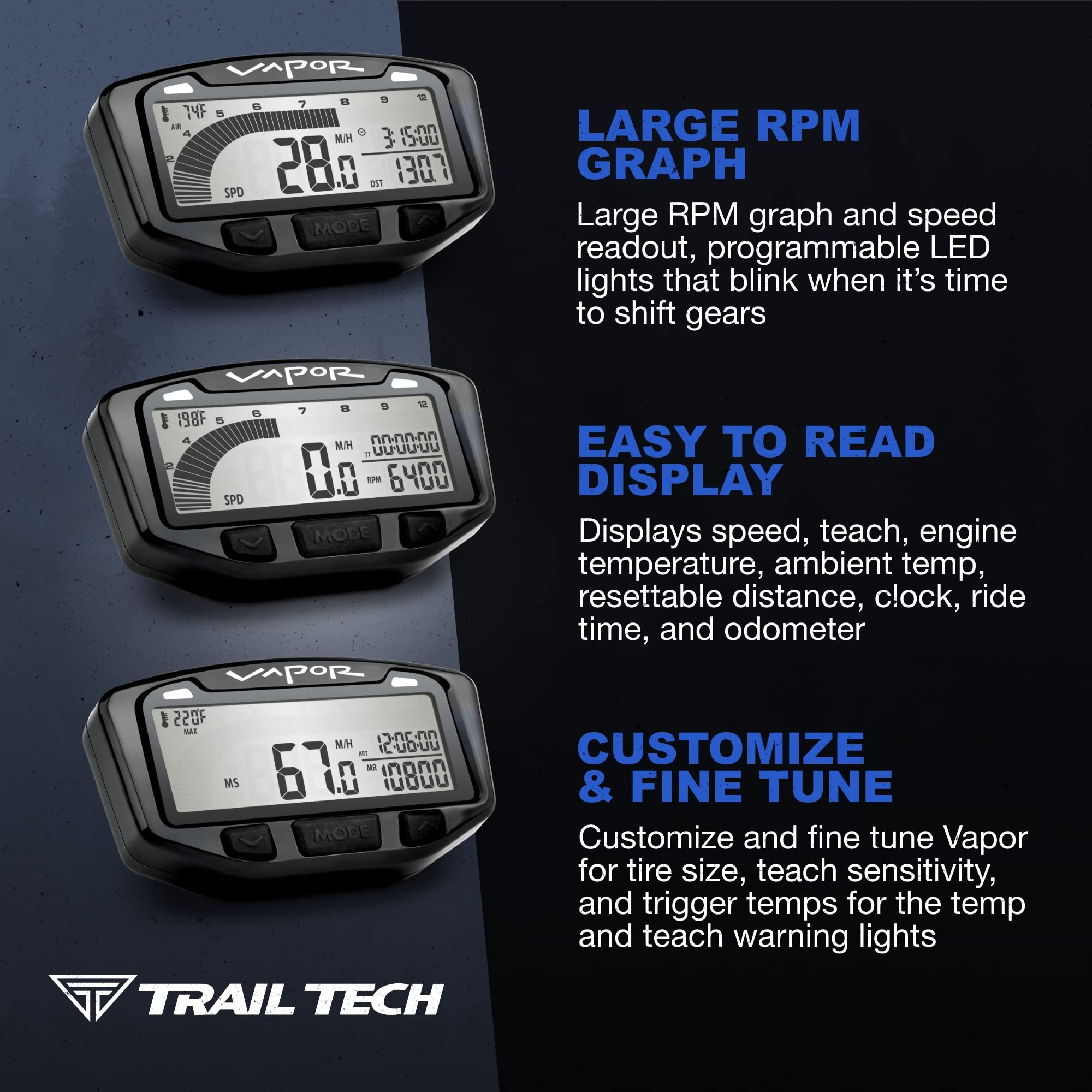Trail Tech 752-118 Black Vapor Digital Speedometer Tachometer
