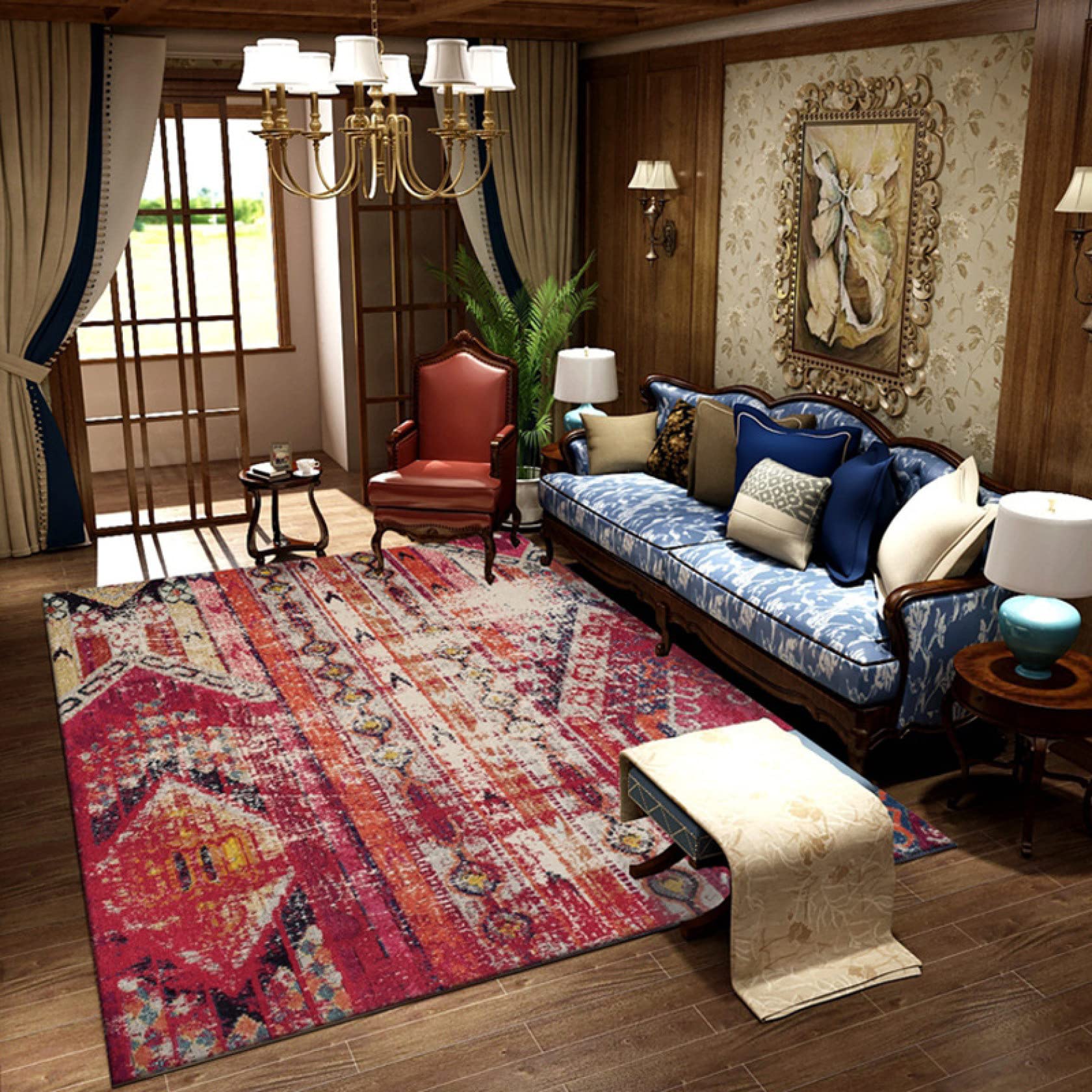 Amazon｜ペルシャ風 ラグ 赤 180*200cm レッド ネイビー 青 紺 豪華