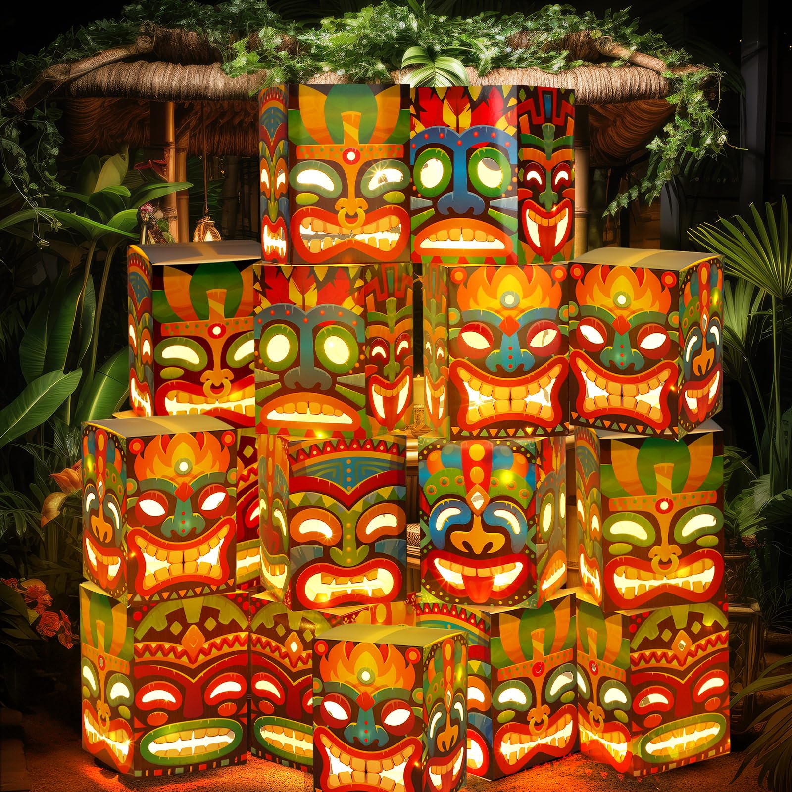 Amazon.com: Janlaugh 16 Pcs Tiki Totem Box Decor with Light, Luau
